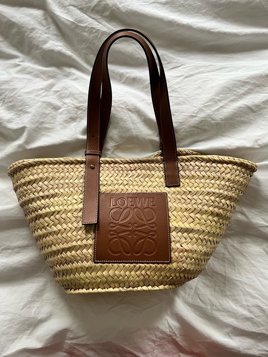 Loewe Handbags - Loewe Medium Leather Trimmed Raffia Straw Basket Bag